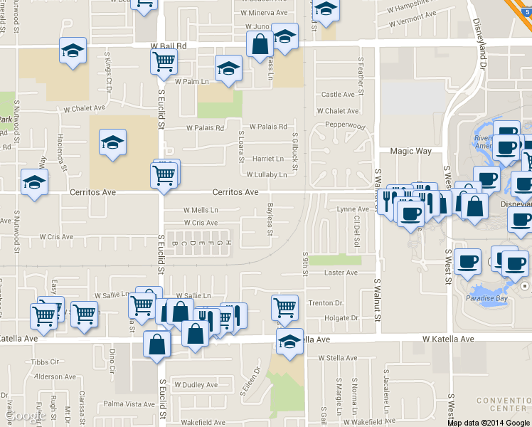 map of restaurants, bars, coffee shops, grocery stores, and more near 1529 South Bayless Street in Anaheim