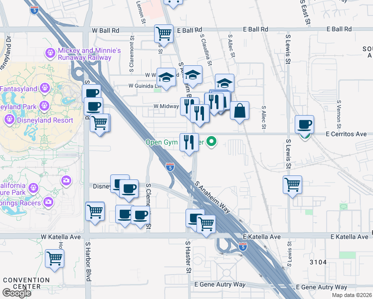 map of restaurants, bars, coffee shops, grocery stores, and more near 1638 South Urbana Street in Anaheim