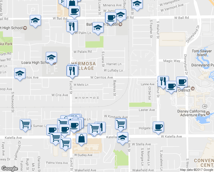 map of restaurants, bars, coffee shops, grocery stores, and more near 1531 West Doris Place in Anaheim