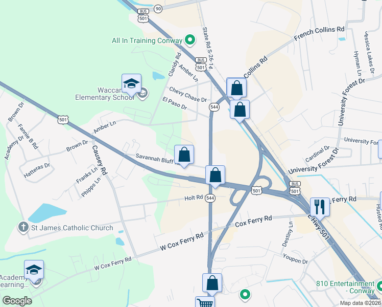 map of restaurants, bars, coffee shops, grocery stores, and more near 290 South Carolina 544 in Conway