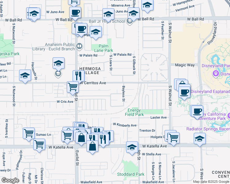 map of restaurants, bars, coffee shops, grocery stores, and more near 1531 West Doris Place in Anaheim