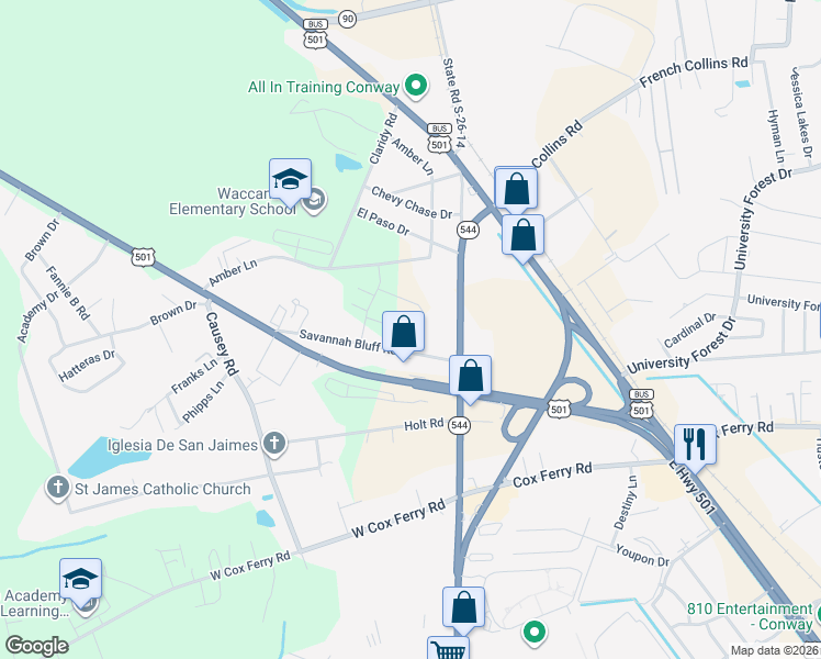 map of restaurants, bars, coffee shops, grocery stores, and more near 290 South Carolina 544 in Conway