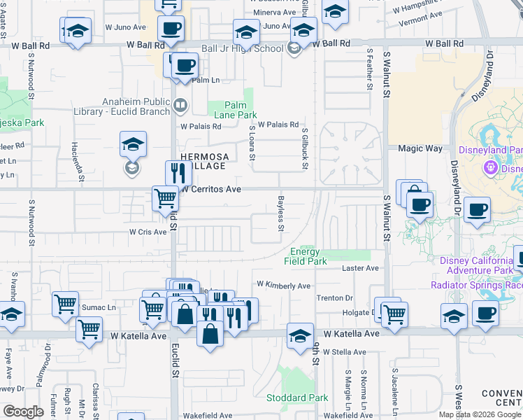 map of restaurants, bars, coffee shops, grocery stores, and more near 1531 West Doris Place in Anaheim