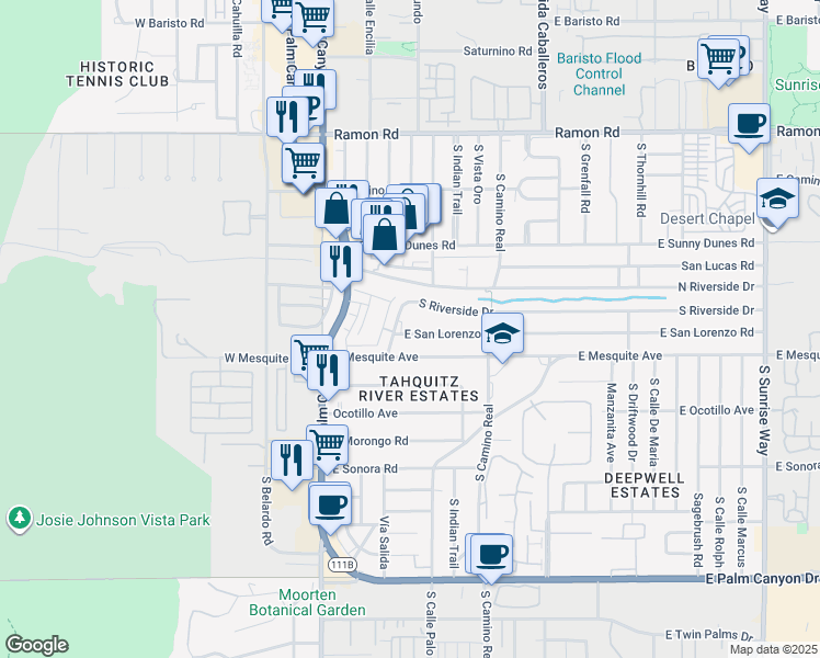 map of restaurants, bars, coffee shops, grocery stores, and more near 605 South Riverside Drive in Palm Springs