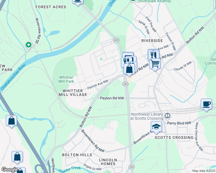 map of restaurants, bars, coffee shops, grocery stores, and more near 1960 Bolton Road Northwest in Atlanta