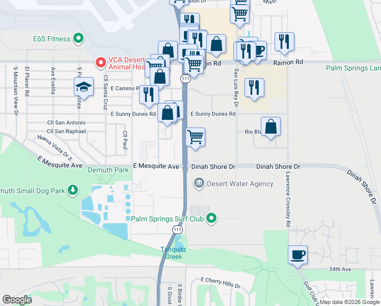 map of restaurants, bars, coffee shops, grocery stores, and more near 5005 Calle San Raphael in Palm Springs