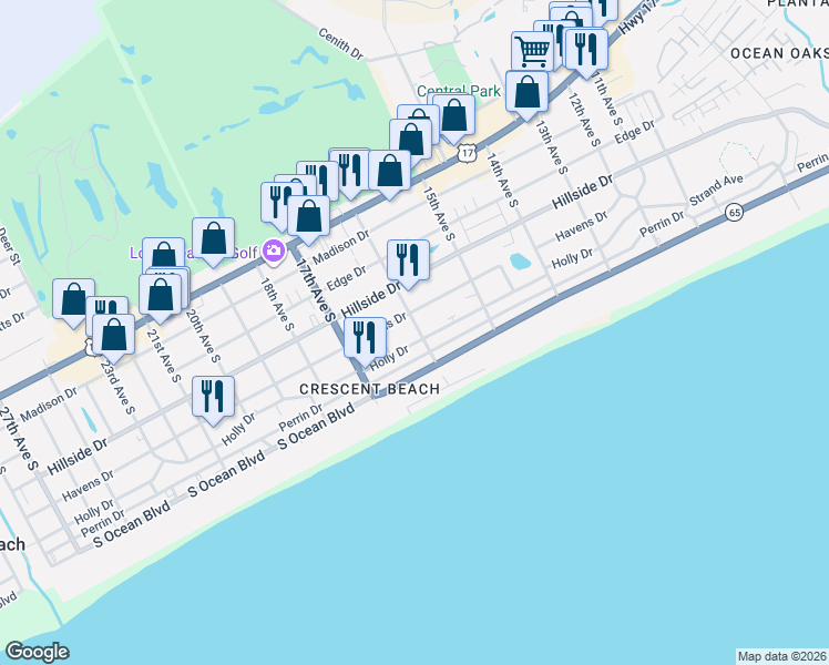 map of restaurants, bars, coffee shops, grocery stores, and more near 408b 16th Avenue South in North Myrtle Beach
