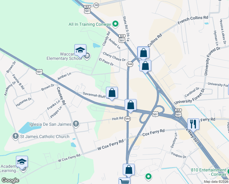 map of restaurants, bars, coffee shops, grocery stores, and more near 290 South Carolina 544 in Conway