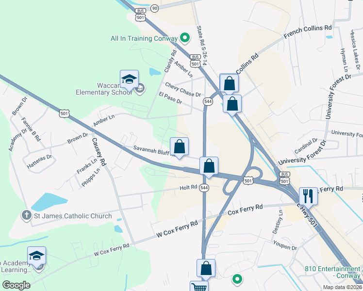 map of restaurants, bars, coffee shops, grocery stores, and more near 290 South Carolina 544 in Conway