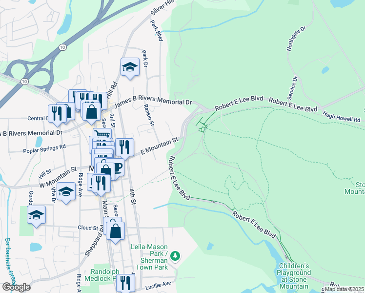 map of restaurants, bars, coffee shops, grocery stores, and more near Robert E Lee Boulevard in Stone Mountain