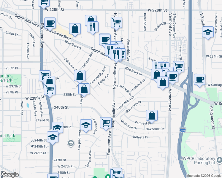 map of restaurants, bars, coffee shops, grocery stores, and more near 23710 Oakheath Place in Los Angeles