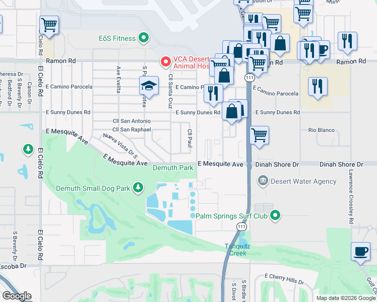 map of restaurants, bars, coffee shops, grocery stores, and more near 950 Calle Paul in Palm Springs