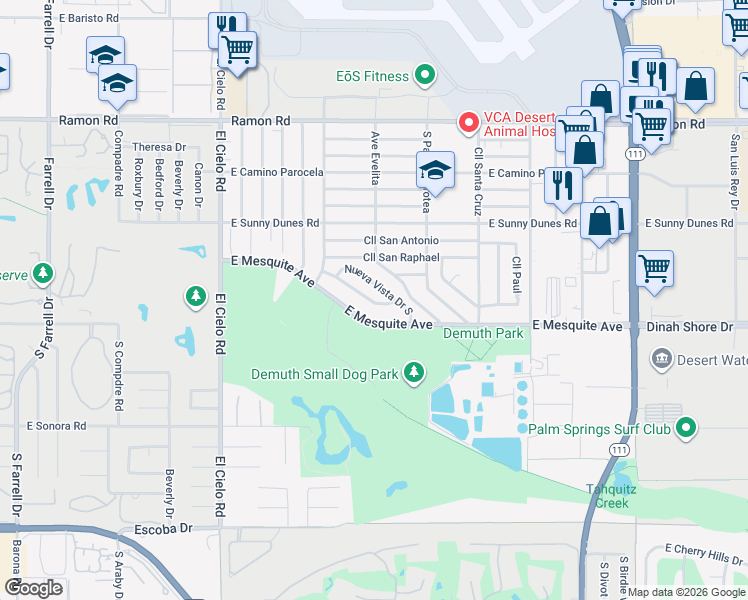 map of restaurants, bars, coffee shops, grocery stores, and more near 862 Nueva Vista Drive South in Palm Springs