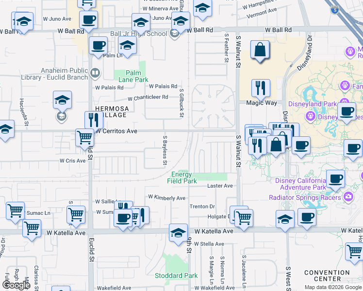 map of restaurants, bars, coffee shops, grocery stores, and more near 1511 Harle Place in Anaheim