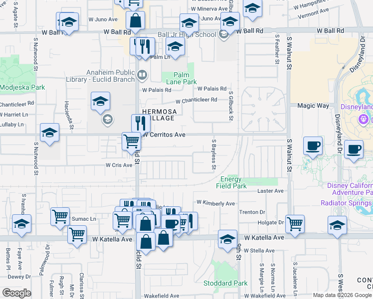 map of restaurants, bars, coffee shops, grocery stores, and more near 1611 West Mells Lane in Anaheim