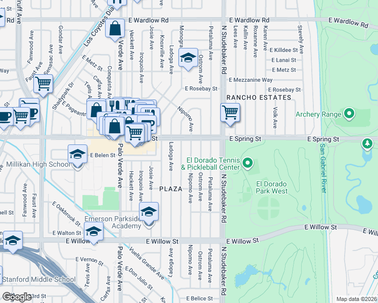 map of restaurants, bars, coffee shops, grocery stores, and more near 2950 Monogram Avenue in Long Beach