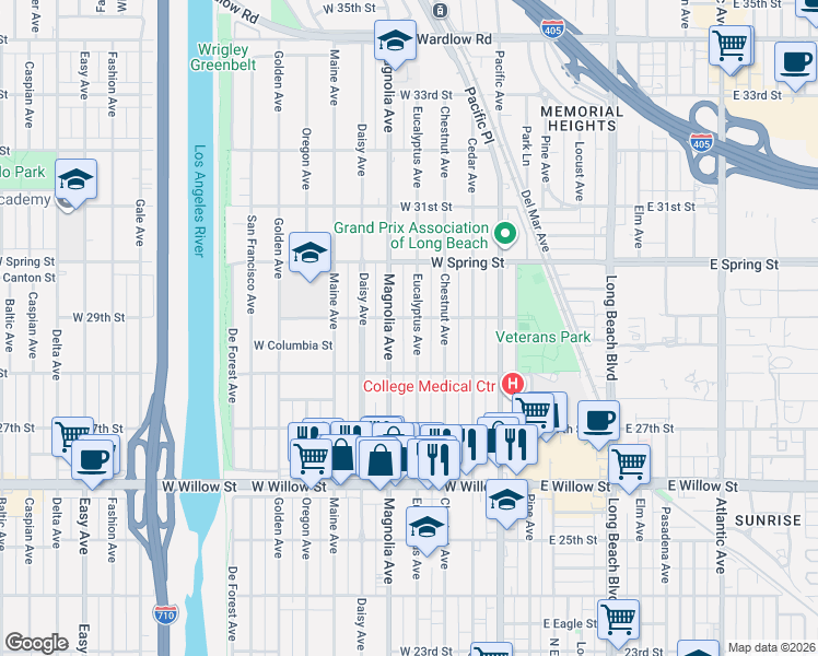 map of restaurants, bars, coffee shops, grocery stores, and more near 2901 Eucalyptus Avenue in Long Beach