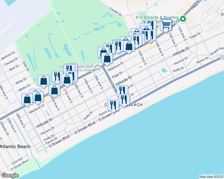 map of restaurants, bars, coffee shops, grocery stores, and more near 510 17th Avenue South in North Myrtle Beach