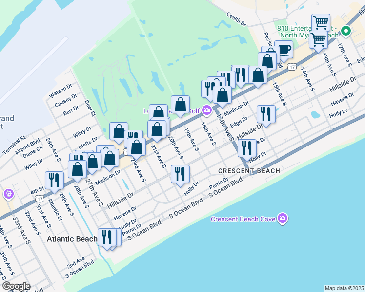 map of restaurants, bars, coffee shops, grocery stores, and more near 1901 Madison Drive in North Myrtle Beach
