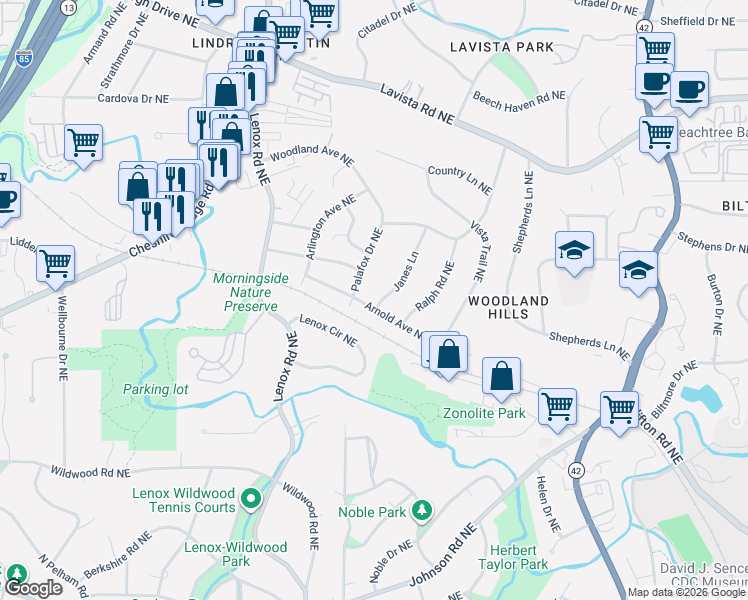 map of restaurants, bars, coffee shops, grocery stores, and more near 1080 Janes Lane in Atlanta