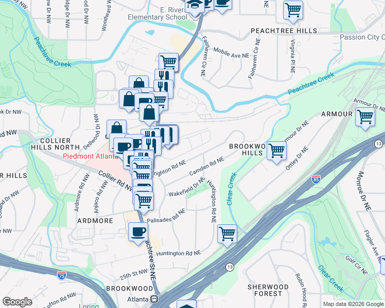 map of restaurants, bars, coffee shops, grocery stores, and more near 2043 Brookwood Valley Circle Northeast in Atlanta
