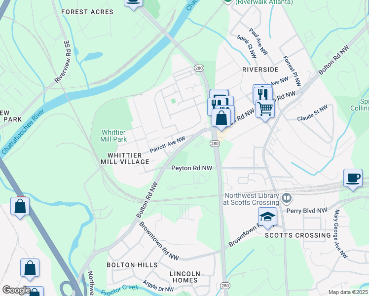 map of restaurants, bars, coffee shops, grocery stores, and more near 1960 Bolton Road Northwest in Atlanta