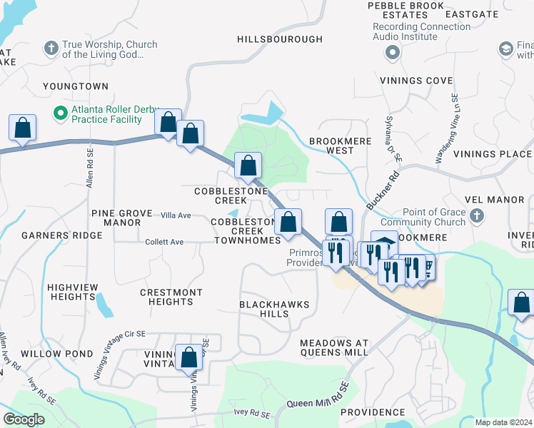 map of restaurants, bars, coffee shops, grocery stores, and more near 5999 Cobblestone Creek Trail in Mableton