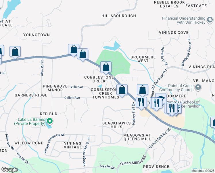 map of restaurants, bars, coffee shops, grocery stores, and more near 653 Cobblestone Creek Lane in Mableton