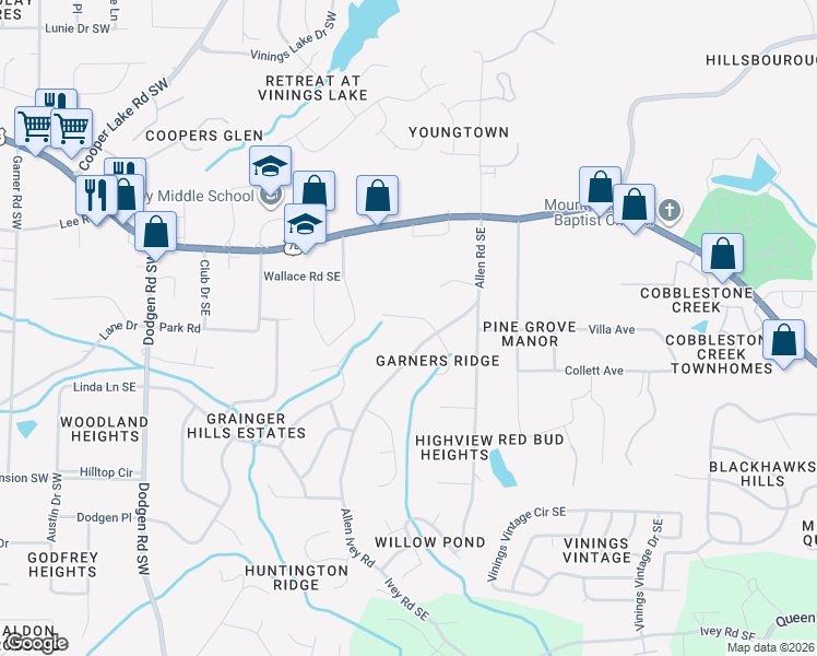 map of restaurants, bars, coffee shops, grocery stores, and more near 220 Edwards Drive Southeast in Mableton