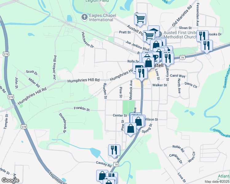 map of restaurants, bars, coffee shops, grocery stores, and more near 2955 Jefferson Street in Austell