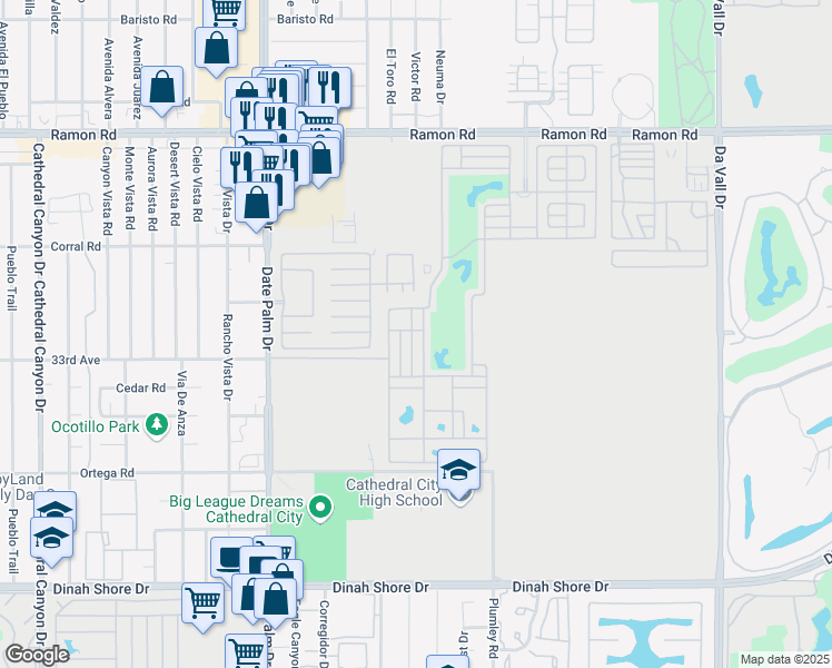 map of restaurants, bars, coffee shops, grocery stores, and more near 69411 Ramon Road in Cathedral City