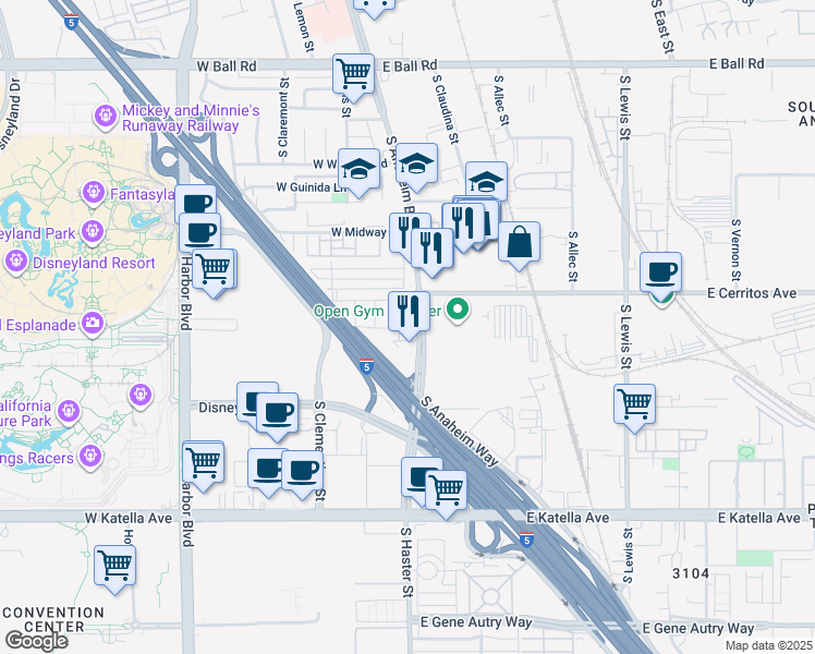 map of restaurants, bars, coffee shops, grocery stores, and more near 1630 South Urbana Street in Anaheim