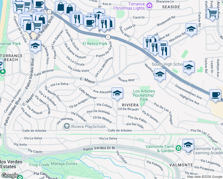 map of restaurants, bars, coffee shops, grocery stores, and more near 341 Avenue Atezada in Redondo Beach