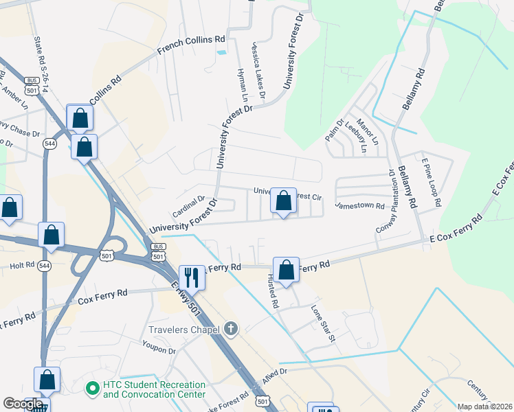 map of restaurants, bars, coffee shops, grocery stores, and more near 780 University Forest Circle in Conway