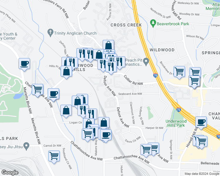 map of restaurants, bars, coffee shops, grocery stores, and more near 1991 Defoor Avenue Northwest in Atlanta