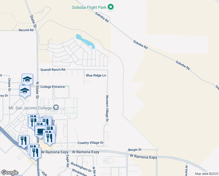 map of restaurants, bars, coffee shops, grocery stores, and more near 1685 Western Village Drive in San Jacinto