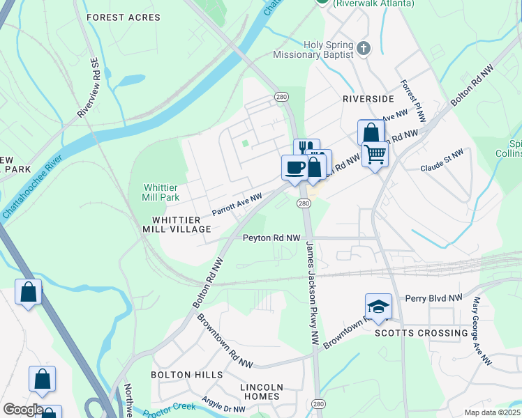 map of restaurants, bars, coffee shops, grocery stores, and more near 2000 James Jackson Parkway Northwest in Atlanta