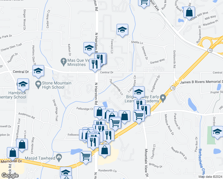 map of restaurants, bars, coffee shops, grocery stores, and more near 1094 Thorn Woode Lane in Stone Mountain