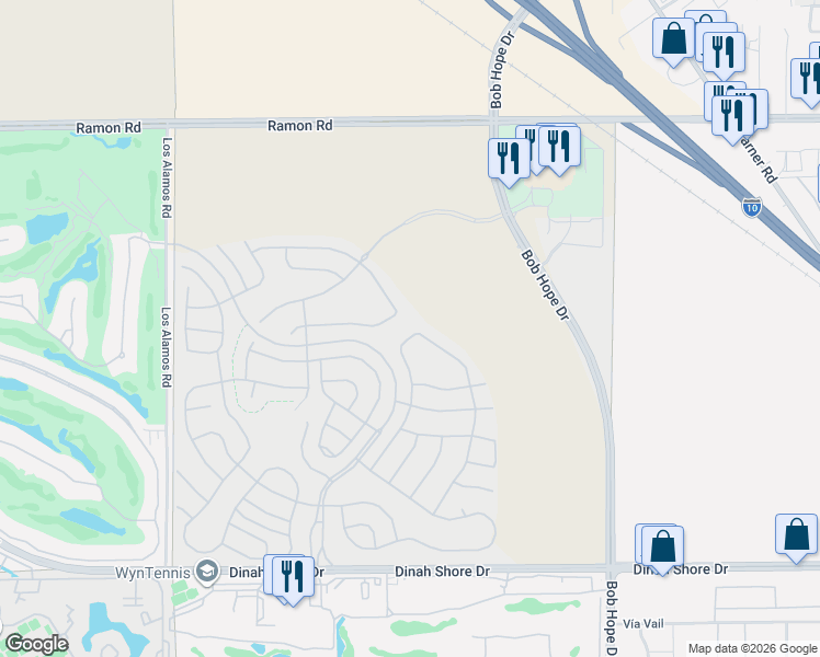 map of restaurants, bars, coffee shops, grocery stores, and more near 2481 Bob Hope Drive in Rancho Mirage