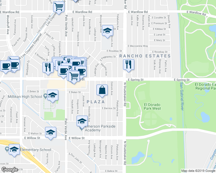 map of restaurants, bars, coffee shops, grocery stores, and more near 2934 Nipomo Avenue in Long Beach