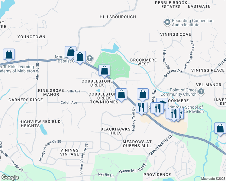 map of restaurants, bars, coffee shops, grocery stores, and more near 5999 Cobblestone Creek Trail in Mableton