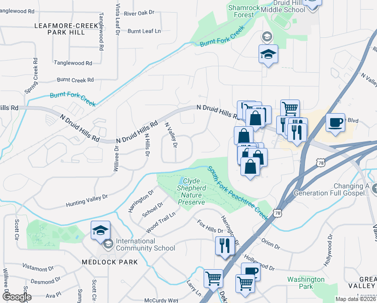 map of restaurants, bars, coffee shops, grocery stores, and more near 943 Homewood Court in Decatur