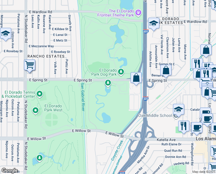 map of restaurants, bars, coffee shops, grocery stores, and more near 7550 East Spring Street in Long Beach