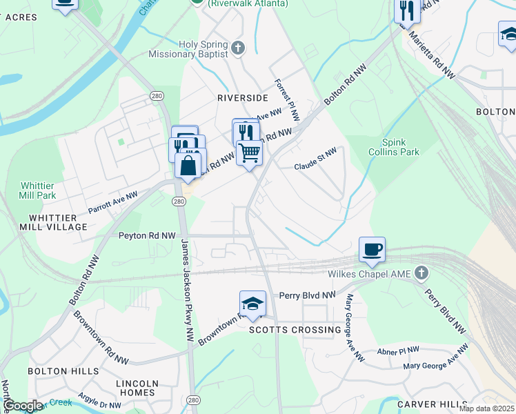 map of restaurants, bars, coffee shops, grocery stores, and more near 1991 Hollywood Road Northwest in Atlanta