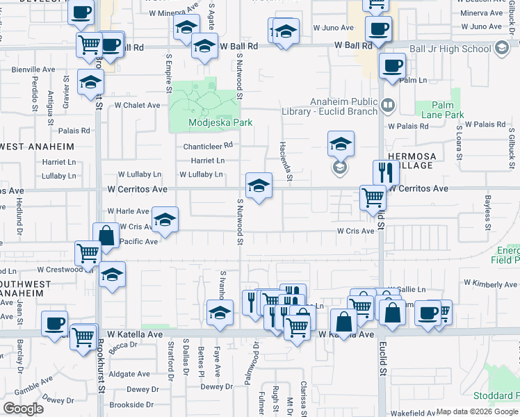 map of restaurants, bars, coffee shops, grocery stores, and more near 1510 South Nutwood Street in Anaheim