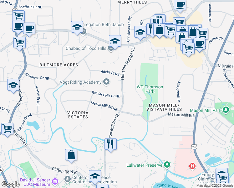 map of restaurants, bars, coffee shops, grocery stores, and more near 1662 Rainier Falls Drive Northeast in Atlanta