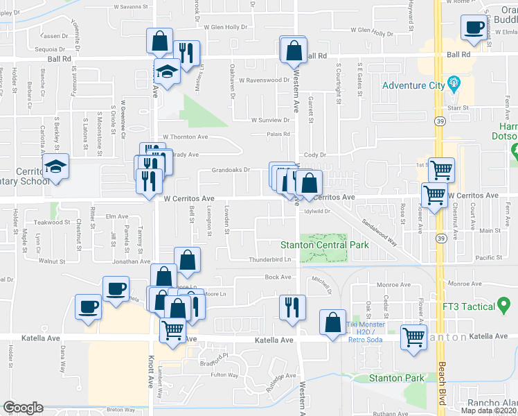 map of restaurants, bars, coffee shops, grocery stores, and more near 7344 West Cerritos Avenue in Stanton