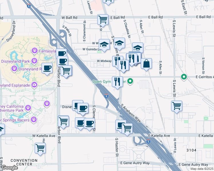 map of restaurants, bars, coffee shops, grocery stores, and more near 1502 West Cara Drive in Anaheim