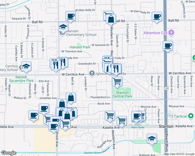 map of restaurants, bars, coffee shops, grocery stores, and more near 7344 West Cerritos Avenue in Stanton