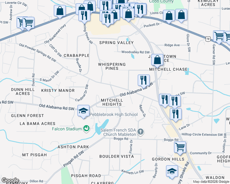 map of restaurants, bars, coffee shops, grocery stores, and more near 797 Old Powder Springs Road Southwest in Mableton